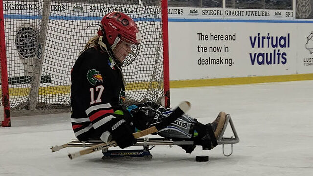 Donatie kinderen. Para ijshockey in een passende slee.